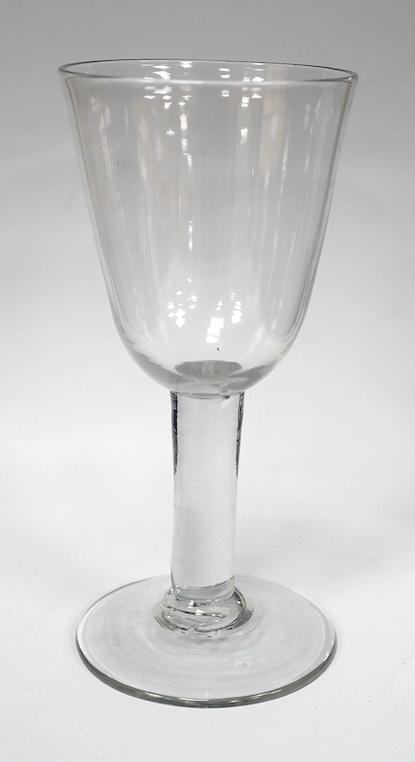 A large plain stem glass goblet, c.1760, the foot diamond point engraved ‘W Willis Dec 6th 1778’. Condition - scratches, otherwise good